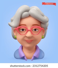 Senior woman 3d avatar, vector cartoon icon