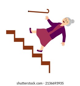 Senior woman accident falling down stairs in flat design on white background.