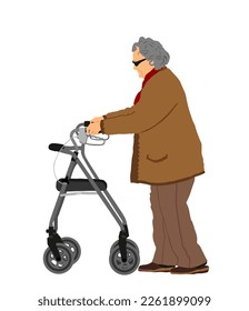 Senior woman active life with medical support. Old disabled woman using a walker vector illustration isolated on white background. Mature invalid lady walking. Grandmother in nursing home wait family.