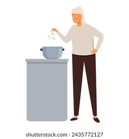 Senior woman add some spices icon cartoon vector. Food cooking. Home cafe