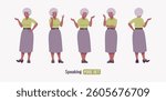 Senior woman, african american old lady, kind grandmother speaking set. Experienced grandma, grey hair, older elegant nice looking granny, elderly person care. Vector flat style cartoon illustration