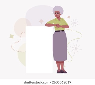 Senior woman african american old lady, kind grandmother banner stand. Experienced grandma, older elegant nice looking granny elderly person. Vector flat style cartoon illustration creative background