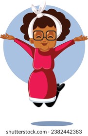 
Senior Woman of African ethnicity jumping with Joy Vector Cartoon. Elderly grandma feeling positive and joyful 
