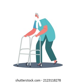 Senior Woman, Aged Grandmother Moving with Help of Front-wheeled Walker. Female Character Use Walking Frame Metal Tool for Elderly People Going Ability, Cheerful Pensioner. Cartoon Vector Illustration