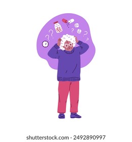 Senior woman with Alzheimer's feeling overwhelmed by medication and time management. Vector illustration of elderly person with forgetfulness icons.