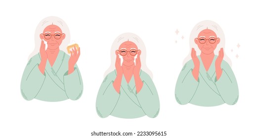 Senior woman applying organic cosmetic cream on face. Facial skin care, treatment for wrinkles, eyebags. Beauty procedures, anti age procedures. Hand drawn vector illustration