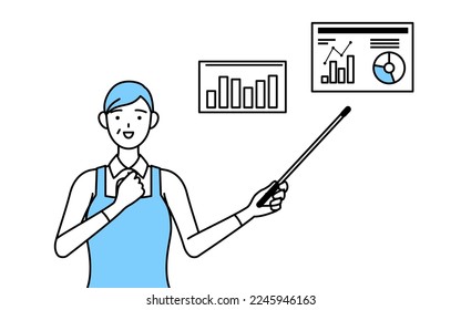 A senior woman in an apron analyzing a performance graph.