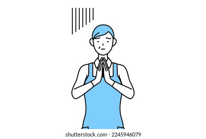 A senior woman in an apron apologizing with his hands in front of his body.