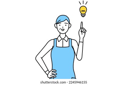 A senior woman in an apron coming up with an idea.