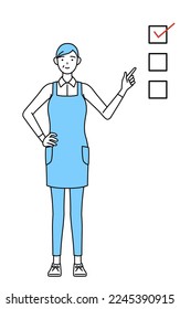 A senior woman in an apron pointing to a checklist.
