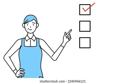 A senior woman in an apron pointing to a checklist.