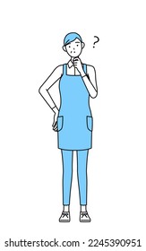 A senior woman in an apron with questions.