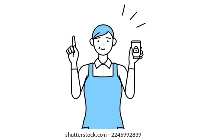 A senior woman in an apron taking security measures for his phone.