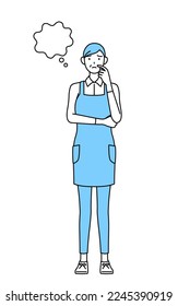 A senior woman in an apron thinking while scratching his face.