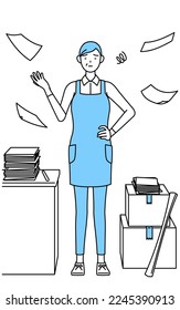 A senior woman in an apron who is fed up with his unorganized business.