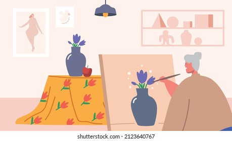 Senior Woman Artist Hold Paintbrush in Hand in Front of Canvas on Easel Drawing Vase with Flowers. Aged Lady Creative Hobby, Occupation, Old Painter Character Paint. Cartoon People Vector Illustration