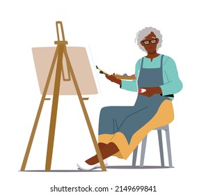 Senior Woman Artist Hold Paintbrush in Hand in Front of Canvas on Easel Drawing Picture. Aged African Lady Creative Hobby, Occupation, Old Painter Character Paint. Cartoon People Vector Illustration