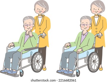 Senior woman assisting a senior man in a wheelchair