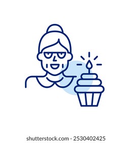 Senior woman avatar and cupcake with lit candle. Birthday party, user milestone celebration. Pixel perfect vector icon