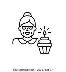 Senior woman avatar and cupcake with lit candle. Birthday party, user milestone celebration. Pixel perfect, editable stroke icon