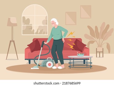 Senior woman with back pain cleaning house flat color vector illustration. Lower back pain attack. Spine disease. Fully editable 2D simple cartoon character with living room on background