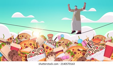 senior woman balancing on rope above junk food assortment of fast food unhealthy nutrition junkfood addiction