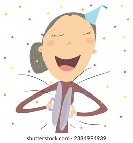Senior woman banging pot lids in the new year. New Year's Tradition. Vector Illustration.