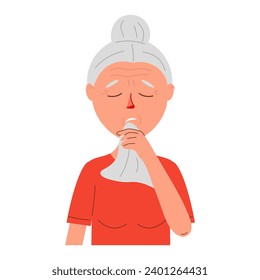 Senior woman blowing nose. Flu or cold symptoms in sick people. Vector illustration of Unhealthy person