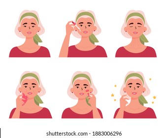 Senior woman with bottle of face serum, facial gua sha stone and roller. Old woman massaging her face. Anti-aging skin care method step by step. Procedure for skin rejuvenation. Vector illustration. 