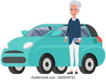 Senior woman in cardigan and with clutch. Elderly female character with gray hair stands next to her personal transport. Pensioner, retired lady with handbag in her hand near small car for women