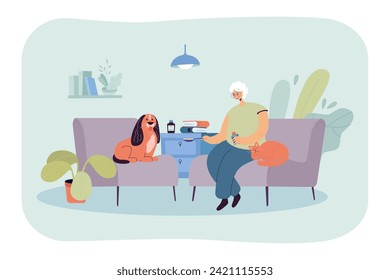 Senior woman caring for her pets vector illustration. Elderly woman giving medicine to dog, cat lying nearby in armchair. Caring for pets extending retired peoples lives. Old ages, retirement concept