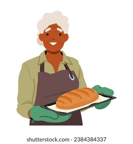 Senior Woman Carries A Tray With Freshly Baked Bread, The Aroma Of Warmth And Comfort Wafting Around Her. Her Skilled Hands Bring Nourishment And Love To Those Around Her. Cartoon Vector Illustration