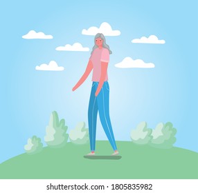 Senior woman cartoon walking at park design, Outdoor activity theme Vector illustration