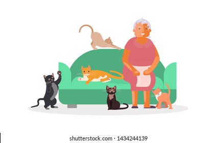 Senior Woman With A Lot Of Cats Sitting On Sofa. Happy Old Lady Pets Owner. Flat Art Vector Illustration