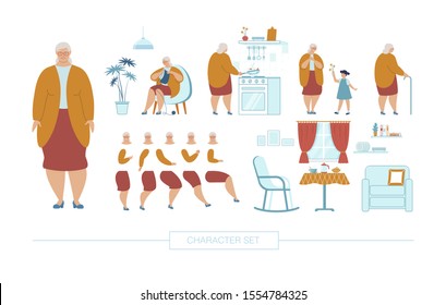 Senior Woman Character Constructor Isolated, Trendy Flat Design Elements Set. Grandmother Cooking on Kitchen, Knitting, Playing with Granddaughter, Body Parts, Emotions, Home Furniture Illustrations