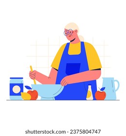 Senior woman character cooking at the kitchen counter. Flat style minimalist colorful vector illustration. 