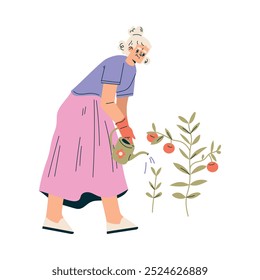 Senior Woman Character Garden Water Growing Plant Vector Illustration