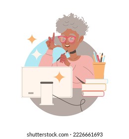 Senior Woman Character in Glasses Learning Sitting at Desk In Front of Computer Studying Vector Illustration