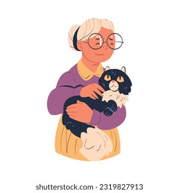 Senior Woman Character in Glasses Stroking Fluffy Cat as Her Favorite Pet Vector Illustration
