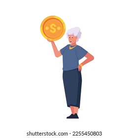Senior Woman Character Holds Large Golden Coin. Prosperous Life in Old Age. Positive Rich Retired Lady Receives High Income. Isolated on White Background. Cartoon People Vector Illustration