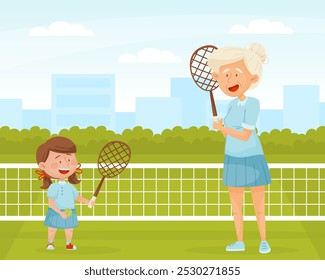 Senior Woman Character Play Badminton with Little Granddaughter Vector Illustration