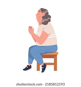 Senior Woman Character Playing Cards Game Sitting on Chair Vector Illustration