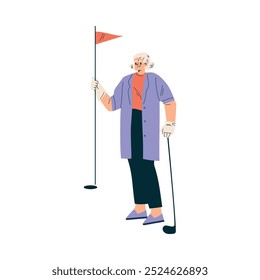 Senior Woman Character Playing Golf Sport with Club Vector Illustration