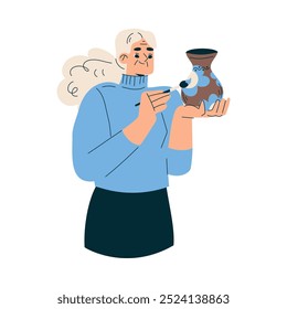 Senior Woman Character Pottery Paint Vase with Brush Vector Illustration