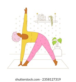 Personaje femenino mayor practicando yoga en casa. Ilustración vectorial colorida con un esquema plano. 