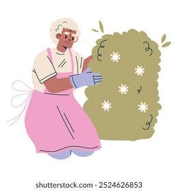 Senior Woman Character Sit at Bush Garden Vector Illustration