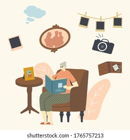 Senior Woman Character Sitting on Couch Watching Family Album with Pictures in Room, Aged Granny Remembering Past. Grandmother Sitting in Armchair at Table with Photo Frame. Linear Vector Illustration