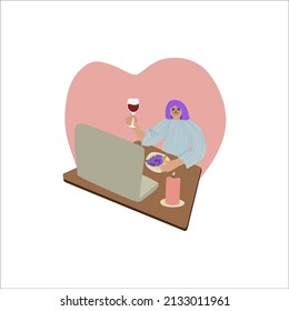 An Senior Woman Character Is Sitting At A Table With A Glass Of Wine And Chatting Online, Arranging A Remote Date On The Laptop. Online Dating, Technology Concept