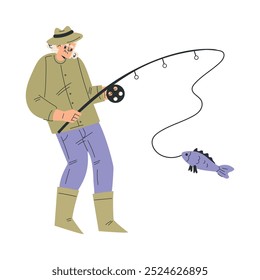 Senior Woman Character Stand with Fishing Rod Vector Illustration