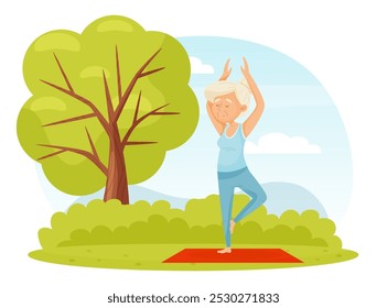 Senior Woman Character Stand in Yoga Pose on Mat in Park Vector Illustration